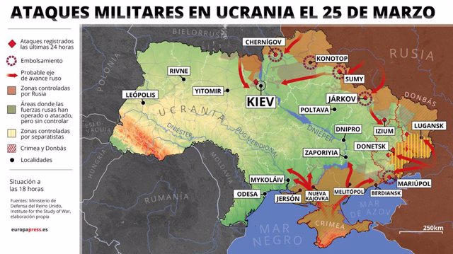 Carte montrant les attaques militaires en Ukraine le 25 mars 2022 (état à 18:00). Les autorités ukrainiennes ont déclaré vendredi que l'armée avait lancé une contre-offensive dans la région de la capitale, Kiev, et ont souligné que le principal objectif de cette contre-offensive était d'améliorer la situation.