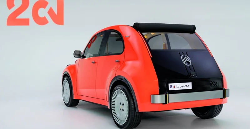 Le hayon noir de la CITROËN 2 CV Concept descend jusqu'au pare-chocs, comme sur les premières 2 CV.
